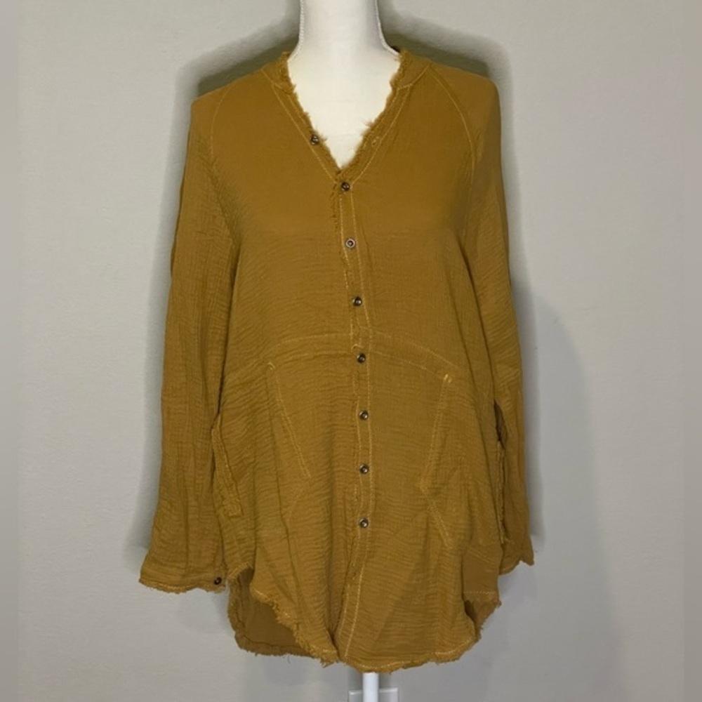 Mustard xs oversized shirt. Can be worn as a dress as well. Cute with thigh boot